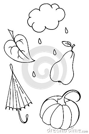 Autumn set of outline hand drawing images in form of Coloring pages Vector Illustration