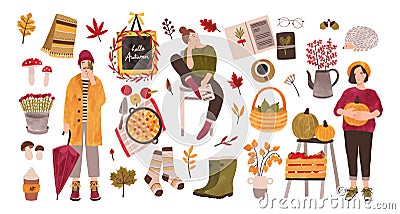 Autumn set - people holding gathered seasonal crops, fallen leaves, rubber boots, knitted socks, forest mushrooms Vector Illustration