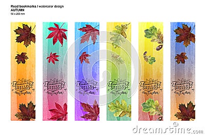 Autumn set printable bookmarks. Watercolor leaf texture illustration. Cartoon Illustration