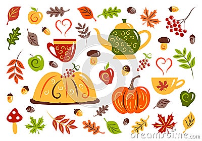 Autumn set: pumpkin pie, apples, mushrooms, pumpkin, berries, acorns, yellowing leaves, kettle and cups with hot drink Vector Illustration