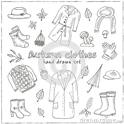 Autumn set. Set with oak leaves, shoes, clothing and umbrellas. Vector Illustration