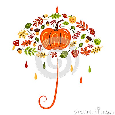 Autumn set in the shape of an umbrella: pumpkin, apples, mushrooms, berries, acorns, yellowing leaves. Gardening. Flat Vector Illustration