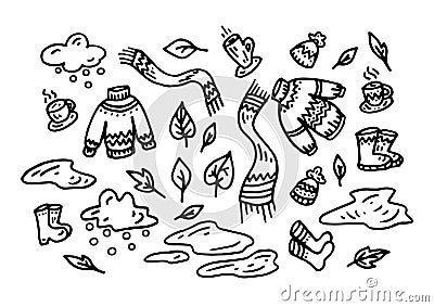 Autumn set. Silhouette. Doodle. The sweater, scarf, boots, cup of coffee, puddles, clouds, leaves Vector Illustration