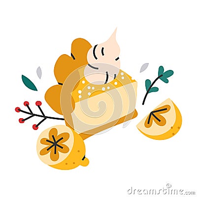 Simple hand drawn illustration of lemon tart cake with lemons and cream on top, autumn seasonal homemade food. Cartoon Illustration