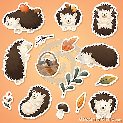 Autumn set of vector stickers with forest cartoon cute hedgehog, basket with wild mushrooms, apples and twigs with Vector Illustration