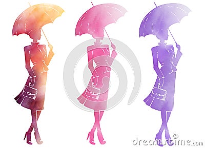 Autumn Silhouette of a girl under an umbrella fashion watercolor illustration Cartoon Illustration