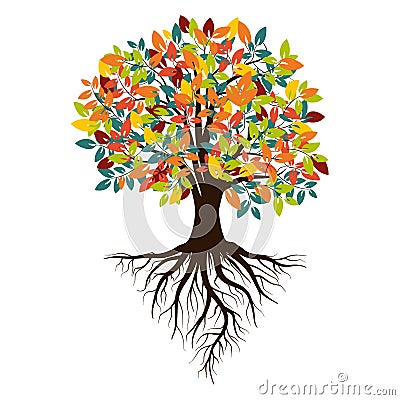 Autumn silhouette of a tree with colored leaves. Tree with roots. Isolated on white background. Retro 80`s style colors Vector Illustration