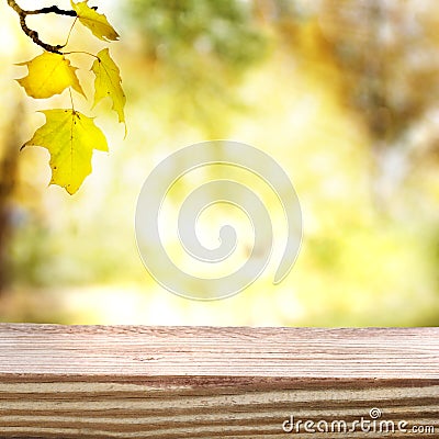 Autumn sky and foliage with aged wooden boards Stock Photo