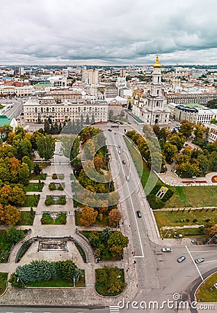 Autumn Sobornyi Descent, Kharkiv city aerial pano Stock Photo