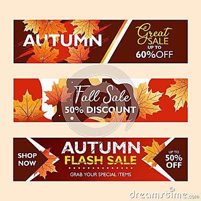 Autumn special offer banner collection for promotion, publication. Flash sale, fall sale and great sale. With falling leaves on co Vector Illustration