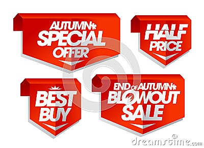 Autumn special offer, best buy, half price, end of autumn blowout sale, autumn sale tags Vector Illustration