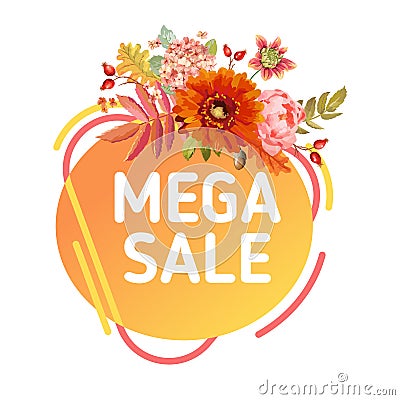 Autumn special offer tag, Thanksgiving sale banner, liquid badge for website and seasonal advertising with flowers Vector Illustration