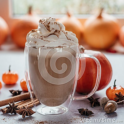 Autumn spiced hot drink with whipped cream and cinnamon Stock Photo