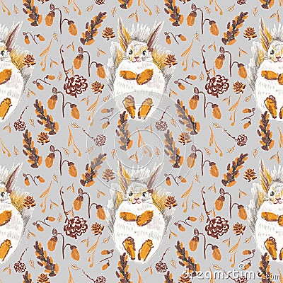 Autumn squirrels seamless pattern drawn in wax crayons on gray background.Fall holiday print for Thanksgiving Stock Photo