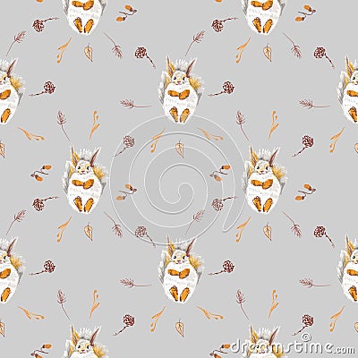 Autumn squirrels seamless pattern drawn in wax crayons on gray background.Fall holiday print for Thanksgiving Stock Photo