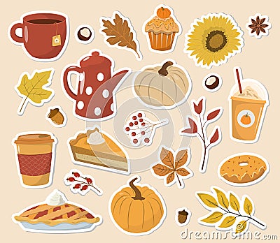 Autumn stickers collection with seasonal pumpkin spices, food and drink Vector Illustration