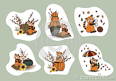 Autumn stickers. HELLO, AUTUMN. RED PANDA CHARACTER. CUTE FUNNY ANIMALS. Vector illustration Cartoon Illustration