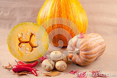 Autumn still life with a crop of vegetables : pumpkin, potatoes with maple leaves Stock Photo