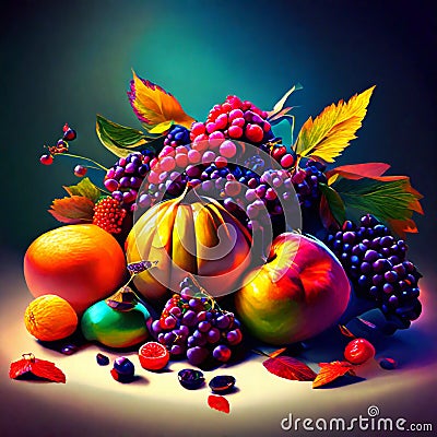 Autumn still life with fruits and vegetables. Colorful background. Generative AI Stock Photo