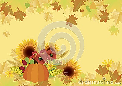 Autumn harvest with pumpkin and sunflowers background vector Vector Illustration