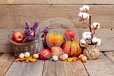 Autumn still life with pumpkins, vegetables and cotton on a rust Stock Photo