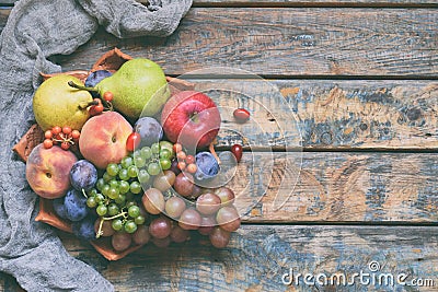 Autumn still life for thanksgiving with autumn fruits and berries on wooden background - grapes, apples, plums, viburnum, dogwood Stock Photo