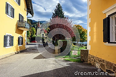 Autumn street in the town of Millstatt am See, Carinthia, Austria Editorial Stock Photo