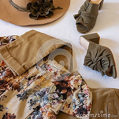 Autumn stylish woman outfit. Flatlay of woman dress and accessor Stock Photo