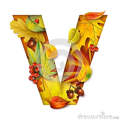 Autumn stylized alphabet with foliage. Letter V Vector Illustration