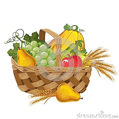 autumn and summer vegetables in a basket grapes pumpkins wheat pear thanksgiving day Vector Illustration