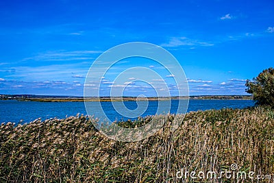 Autumn shore of a large reservoir Stock Photo