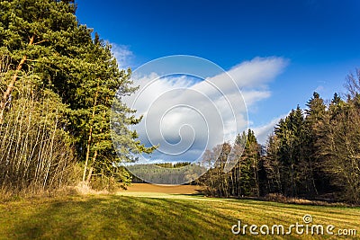 Autumn sunny landscape in windy weather. Stock Photo