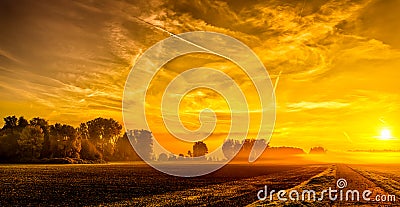 Bright future glorious morning fine art foggy golden scenic autumn panoramic sunrise Stock Photo