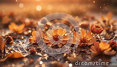 Autumn sunset landscape nature background. Dried flowers with water drops after the rain. Selective focus Stock Photo