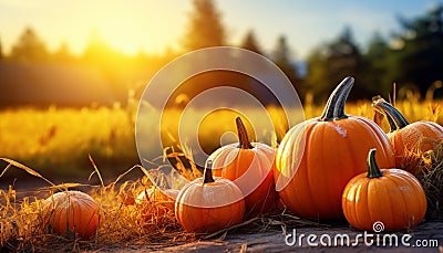 Autumn sunset, pumpkin lanterns glow in spooky Halloween celebration generated by AI Stock Photo