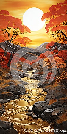 Autumn Sunset: A Richly Detailed Art Nouveau Painting Of A Scottish Stream Stock Photo