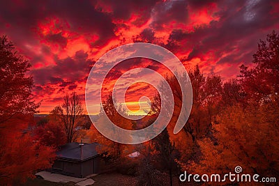 autumn sunset, with the sky and leaves in fiery reds and oranges Stock Photo