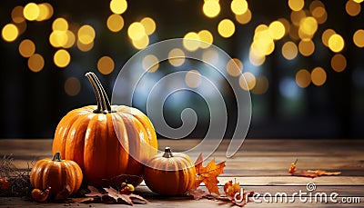 Autumn table decoration pumpkin, leaf, wood, candle, vibrant colors generated by AI Stock Photo