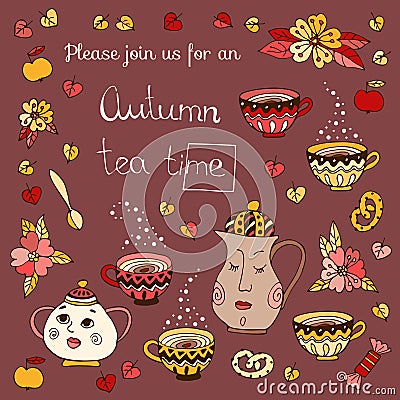 Autumn tea time. Cute invitation card with jug, sugar bowl, cups, flowers, leaves, sweets and apples Vector Illustration