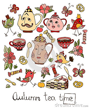 Autumn teatime. Beautiful card with colorful hand drawn elements for tea party Vector Illustration