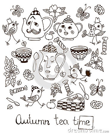 Autumn teatime. Beautiful card with hand drawn elements for tea party Vector Illustration