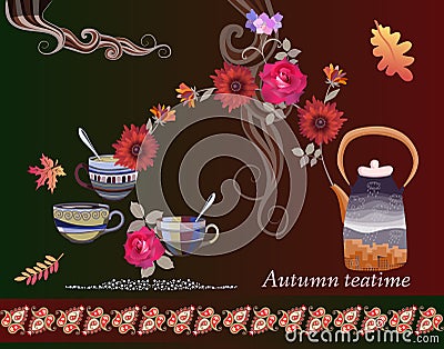 Autumn teatime. Beautiful vector card with kettle, teacups, bouquet of flowers and paisley. Vector Illustration