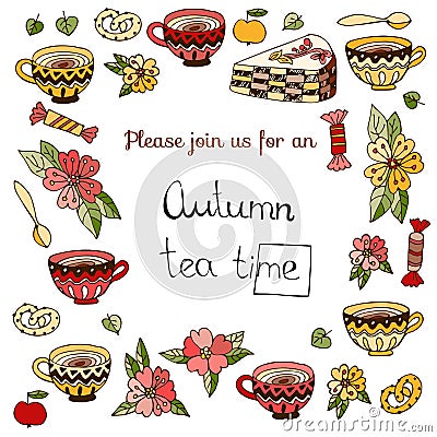 Autumn teatime. Cute invitation card for tea party with cups, cakes, sweets and flowers. Vector Illustration