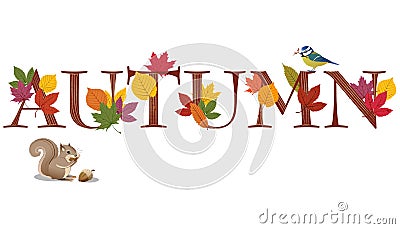 AUTUMN text decorated with leaves, blue bird and s Vector Illustration