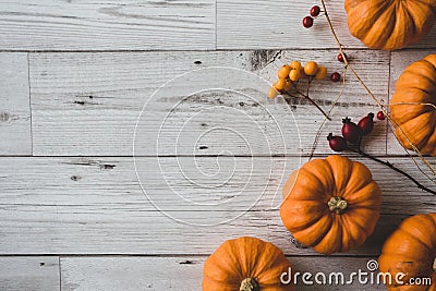 Autumn thanksgiving background. Leaves, pumpkins on wooden background. Stock Photo