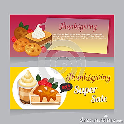 Autumn thanksgiving banner with snacks Vector Illustration