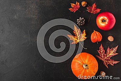 Autumn or thanksgiving composition made of autumn leaves, flowers, pumpkin, apple on black background. Flat lay Stock Photo