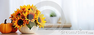 Autumn Thanksgiving decorative arrangement of sunflower flowers and chrysanthemums in pumpkin on white table at home. Thanksgiving Stock Photo