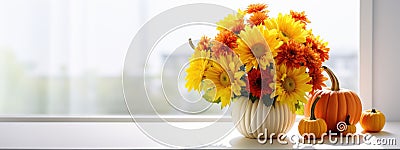 Autumn Thanksgiving decorative arrangement of sunflower flowers and chrysanthemums in pumpkin on white table at home. Thanksgiving Stock Photo