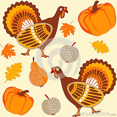 Autumn thanksgiving seamless background with turke Vector Illustration